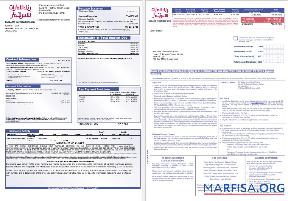 Blank United Arab Emirates Investment Bank mortgage statement in Word and PDF formats, 3 pages 1 2 template